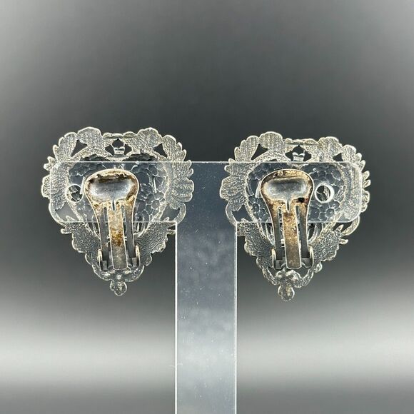 Vintage Silver Filigree Painted Flowers Heart Clip-on Earrings Puffy 1 3/8 - Picture 10 of 13